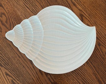 Large White Ceramic Seashell Ocean Themed Serving Platter 14" x 10.5"