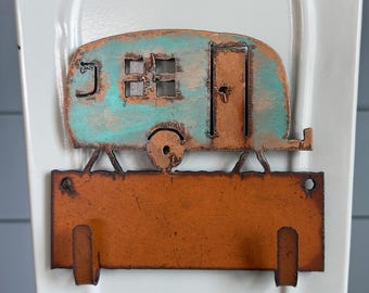 Hand Patinaed Rustic Metal Camper Key Hook, Magnetic Mount and Wall Mount