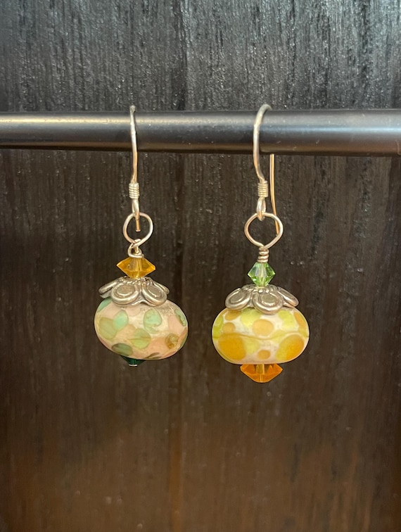 Vintage Mismatched Artisan Lampwork Glass Bead Dangle Earrings | Sterling Silver Wires