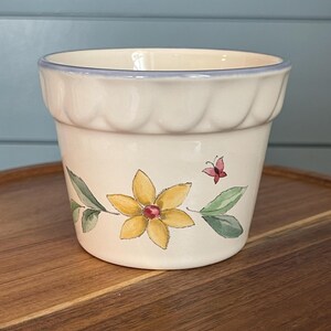 May include: A cream-colored ceramic planter with a scalloped rim and a hand-painted design featuring a yellow flower with green leaves and a small pink butterfly. The pot has a smooth finish and a light blue trim along the top edge.