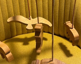 Wooden Animal Mobile Featuring a Bear, a Bird, a Bison, an Elk, and a Moose