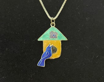 Vintage Enamel Bluebird with Birdhouse Pendant Necklace on 18" Sterling Silver Box Chain