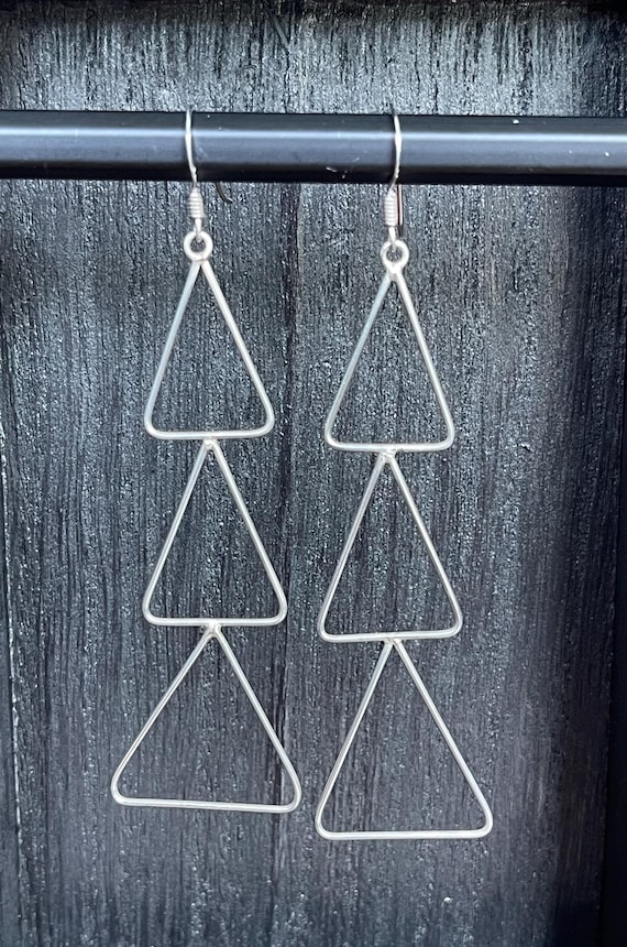 Long Vintage Sterling Silver Open Triangular Dangle Earrings