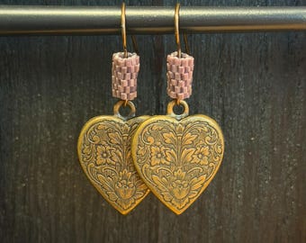 Vintage Antiqued Brass Floral Heart Earrings with Textured Purple Beaded Accents