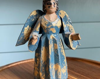 Spanish Antique Carved Wood Angel Santos Figure 5" Inches Tall