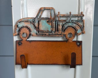 Hand Patinaed Rustic Metal Hook Featuring a Vintage Pickup Truck, Magnetic Mount and Wall Mount