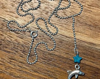 Vintage Sterling Silver Dolphin Pendant Necklace on 16" Lariat Ball Chain