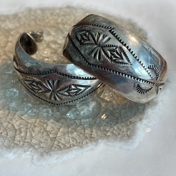 Vintage Signed Navajo Sterling Silver Wide Post Hoop Earrings with Stampwork by Artist W. Tracy