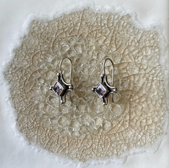 Vintage Faceted Amethyst and Sterling Silver Square Cross Earrings
