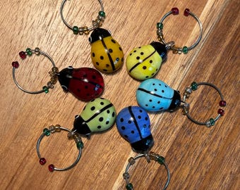 Set of 6 Colorful Glass Ladybug Wine Glass Charms