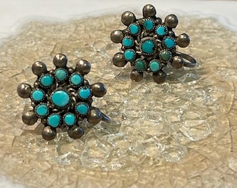 Vintage Zuni Turquoise Cluster Earrings | Sterling Silver Southwestern Clip-ons