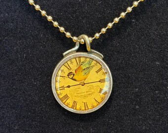 Vintage Clock Face with Bird Illustration Pendant Necklace on 24" Ball Chain