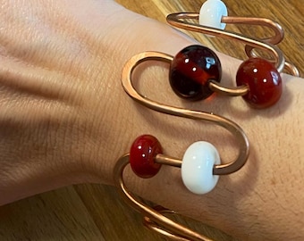 Vintage Hammered Copper Spiral Cuff Bracelet with Glass Beads