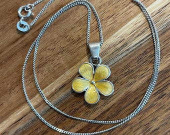 Vintage 980 Yellow Enameled Plumeria Flower Pendant on 18" Sterling Silver Cuban Chain