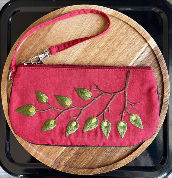 Red Wristlet Pouch with Embroidered Leafy Branch Design