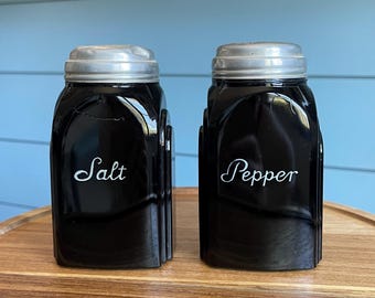 Vintage McKee Roman Arch Black Glass Salt Pepper Shakers | Art Deco Kitchen Home