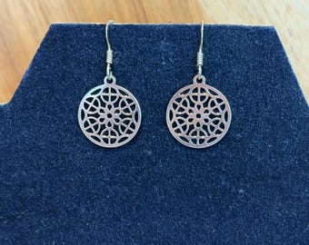 Vintage Sterling Silver Openwork Circular Mandala Dangle Earrings