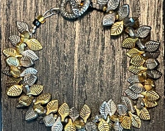 Vintage Mixed Metal Leaf Bracelet with Toggle Clasp