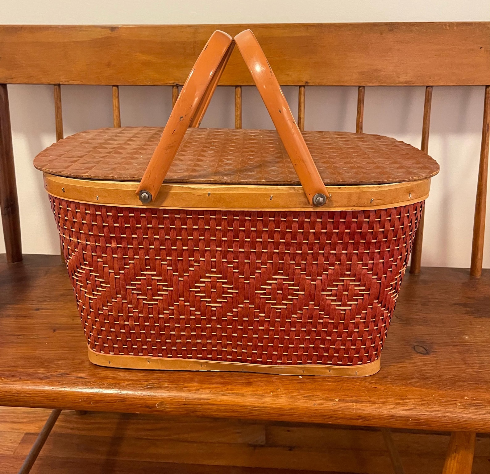 Vintage Red-Man Quality Baskets Woven Red Picnic Basket