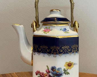 Vintage Individual Blue and White Floral Teapot with Metal Handle and Gold Luster