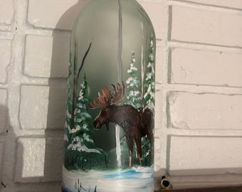 Lighted Moose Wine Bottle, Hand Painted