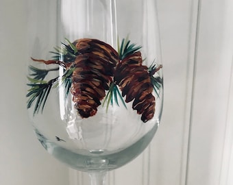 Pinecone Wine Glass. Hand Painted