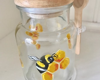 Hand Painted Bee and Honeycomb Honey Jar