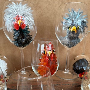 Hand Painted Chicken Stemless Wine Glass, Roosters, Hens, Custom