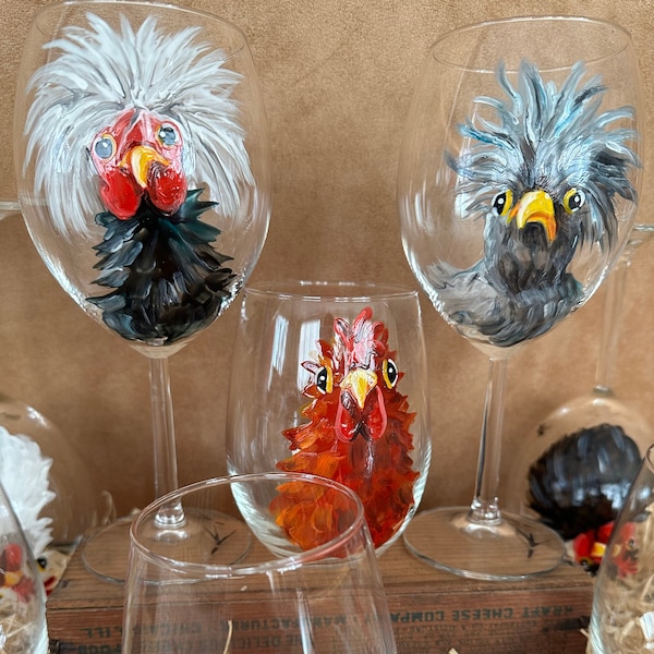 Hand Painted Chicken Stemless Wine Glass, Roosters, Hens, Custom