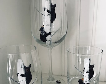 Optional 2nd Side Personalization Winter Cabin Wine Glasses Set of 2