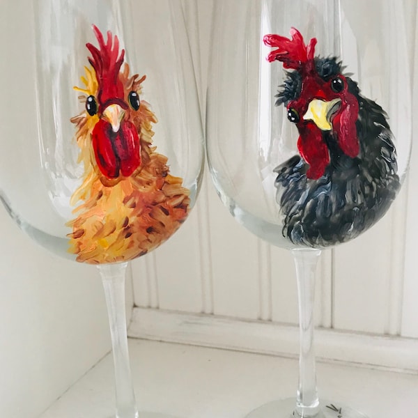Hand Painted Chicken Wine Glasses - Etsy