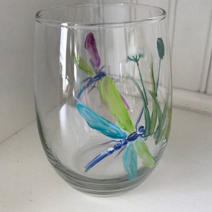 Dragonfly Wine Glass.  Hand Painted