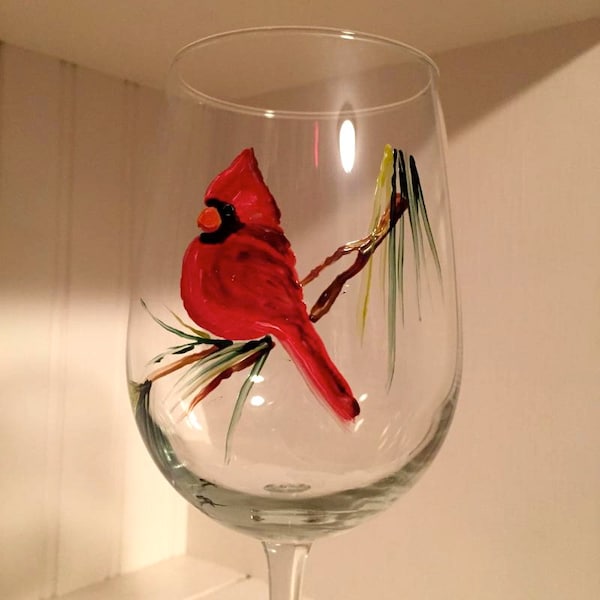 Cardinal Wine Glass.  Hand Painted