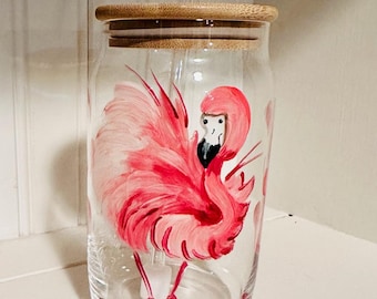 Flamingo Glass Drink Tumbler, Hand Painted