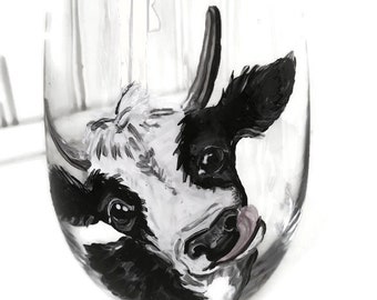 Hand Painted Cow Wine Glass