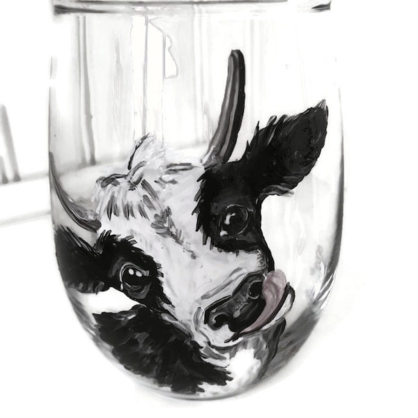 Hand Painted Cow Wine Glass