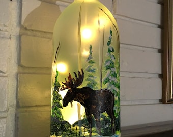 Lighted Moose Wine Bottle, Hand Painted