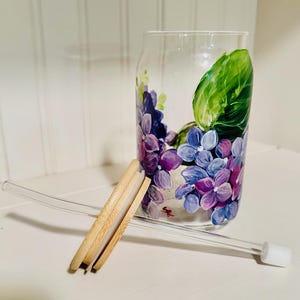 Hydrangea Glass Tumbler, Hand Painted