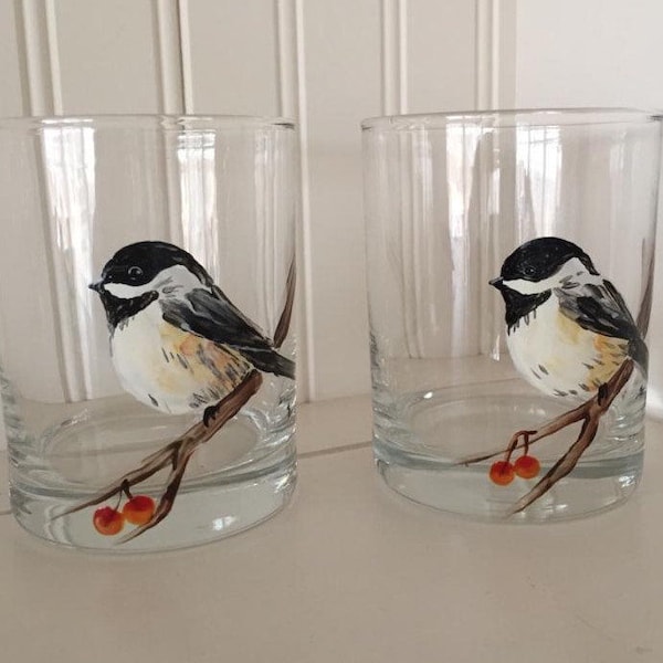 Chickadee Rocks Glass.  Hand Painted
