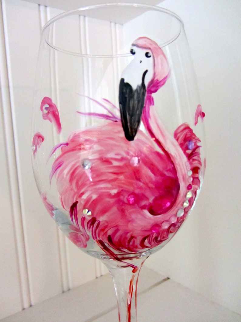 Flamingo Wine Glass. Hand Painted Flamingo Makes a Great Birthday Gift. image 4