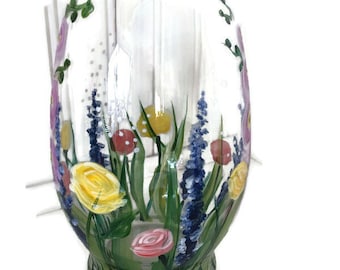 English Garden Vase or Candle Holder, Hand Painted
