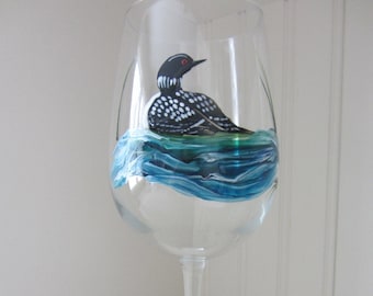 Hand Painted Loon Wine Glass