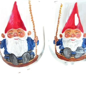 Gnome Wine Glasss. Hand Painted Gnome