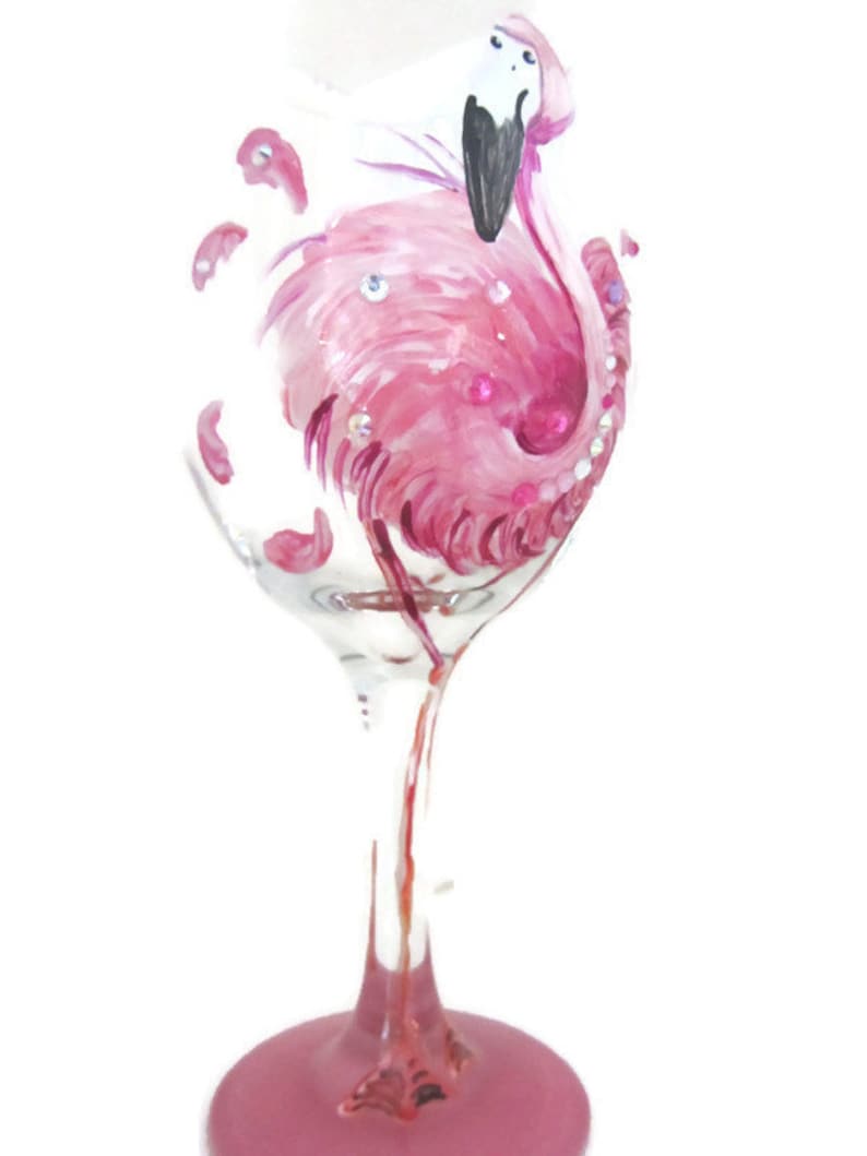 Flamingo Wine Glass. Hand Painted Flamingo Makes a Great Birthday Gift. image 1