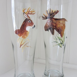 Wine glasses, beer glass, or rocks glass. Deer, Moose, Wolf, Eagle, Bear, Pheasant, Birds, Loons, Dragonflies, Pinecones