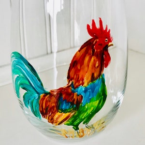 Chicken Stemless Wine Glass, Hand Painted