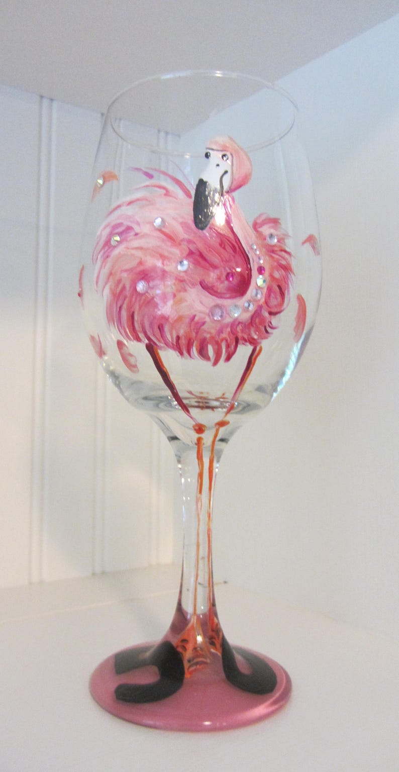 Flamingo Wine Glass. Hand Painted Flamingo Makes a Great Birthday Gift. image 5