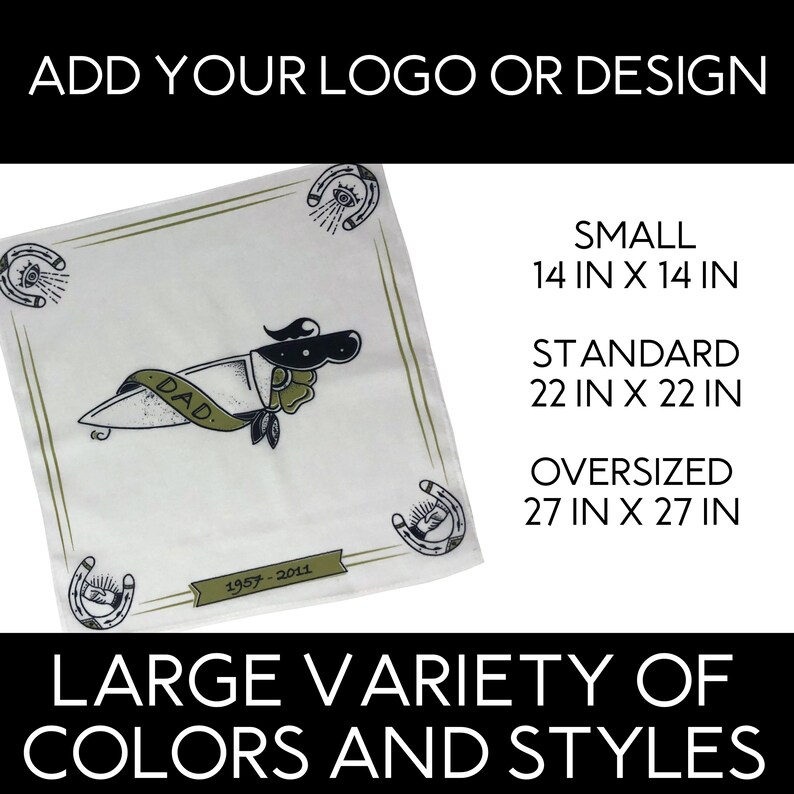 May include: A white bandana with a green border and a knife tattoo with the word "DAD" on it. The bandana has a horseshoe and eye design in each corner. The bandana is available in three sizes: 14 inches by 14 inches, 22 inches by 22 inches, and 27 inches by 27 inches.