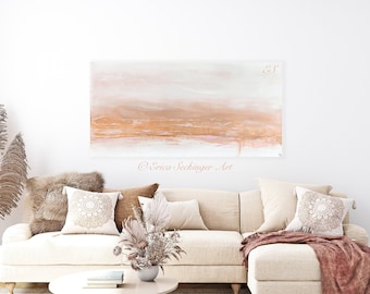Calm – Large Abstract Copper Leaf Painting | 24x48 Modern Neutral Wall Art | Earthy Burnt Sienna & Blush Original Artwork