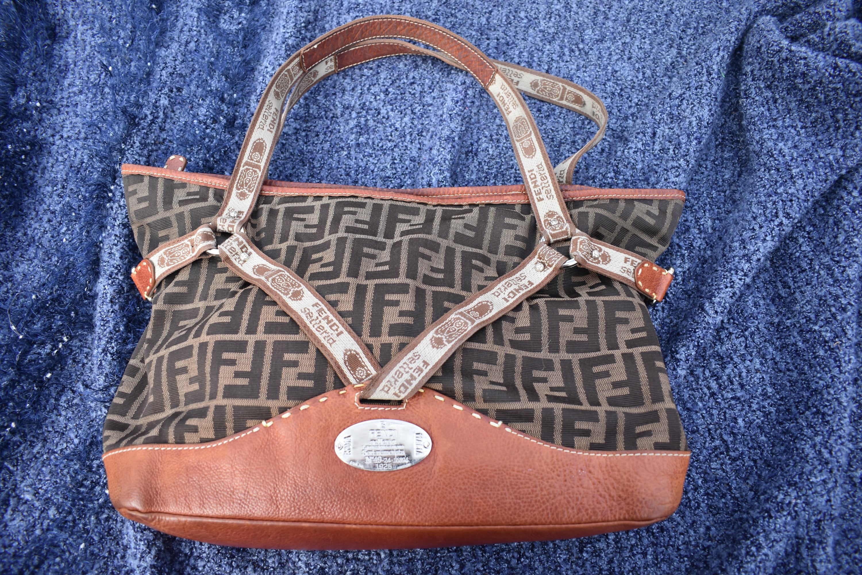 FENDI Sequin Handbag Boston Bag FF Zucca Canvas Brown H15.5cm